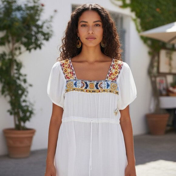 Anthropologie Dresses & Skirts - JOHNNY WAS ANTHRO White Cotton Mini Dress M Embroidered Cover Up Mexico